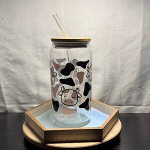 Cow Print Glass Tumbler with Straw